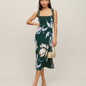 Reformation Besse dress emerald green floral with strap ties midi smocked back 4